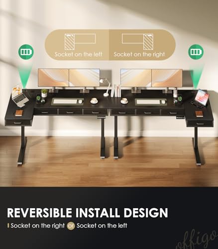 OffiGo 63 Inch L Shaped Electric Standing Desk with Drawers, Height Adjustable Large Desk with Power Outlets, Sit Stand Table