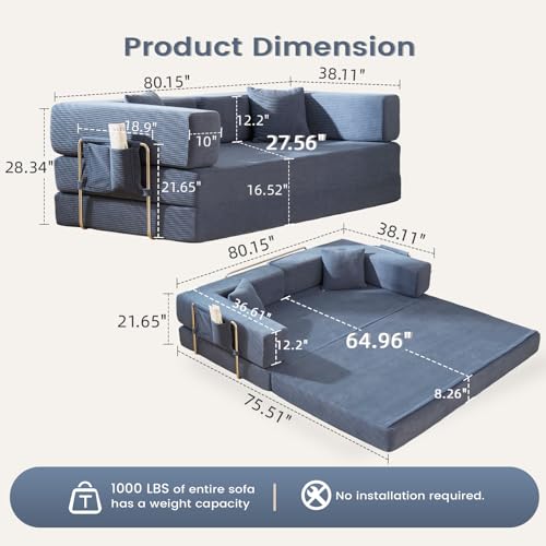 Convertible Sleeper Sofa Bed No Assembly Corduroy Upholstered Green Modular Floor Couch Queen/King Size Foldable Futon with Memory Foam for Apartment