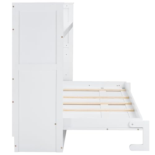 Queen Size Farmhouse Murphy Bed Cabinet with Charging Station, Foldable Platform Bed Frame with 2 Storage Drawers