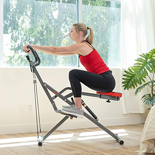 Sunny Health & Fitness Row-N-Ride PRO, Full Body Combo Squat Machine w/Optional Resistance Band, Easy Setup Ab Workout Exercise Equipment for Home
