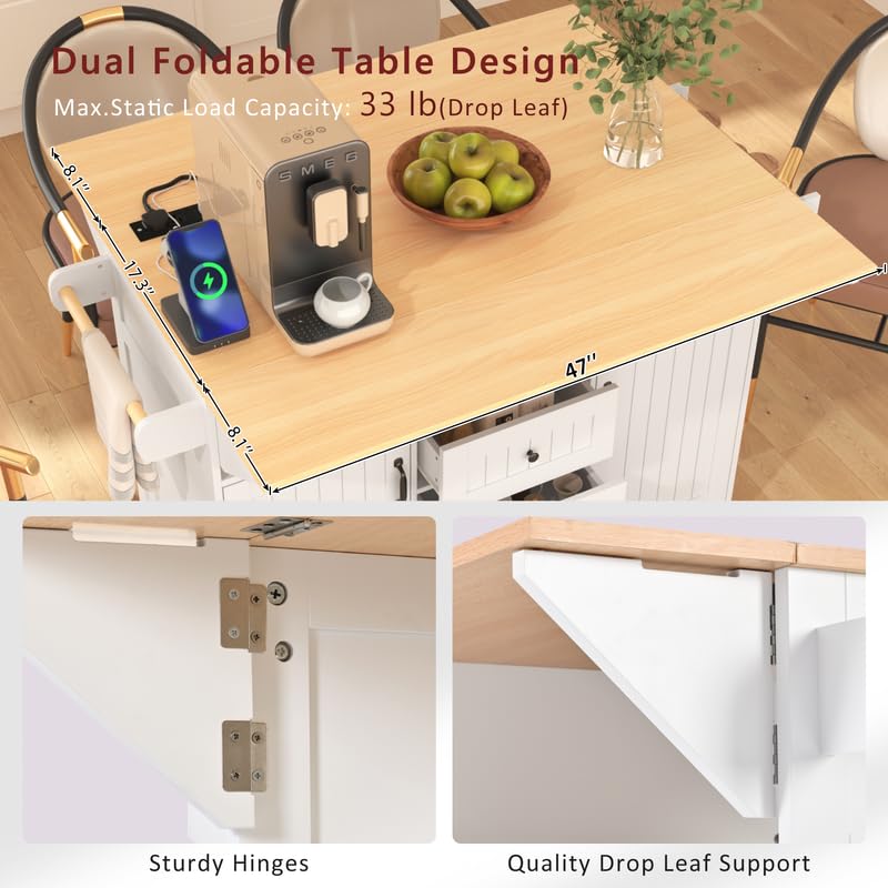 55.7'' Large Kitchen Island with 2 Drop Leaf, Rolling Kitchen Cart on 5 Wheels with Power Outlet