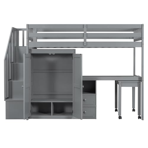 Harper & Bright Designs Twin Size Loft Bed with Stairs and Bookshelf, Wood Twin Storage Bed with Desk & Wardrobe