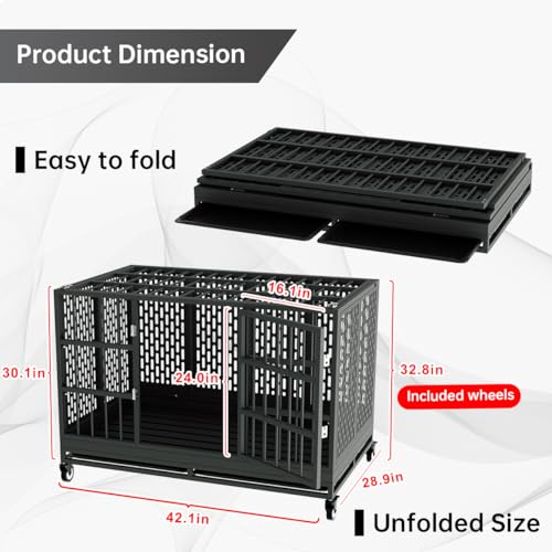 48/42/38 Inch Heavy Duty Dog Crate with Wheels, Folding Metal Big Dog Cage for Large and Medium Dogs