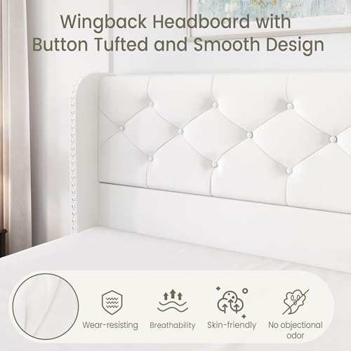 King Size Bed Frame with 4 Storage Drawers and Tufted Headboard Linen Upholstered Platform Bed Frame Wingback Beds with Wooden Slats Support