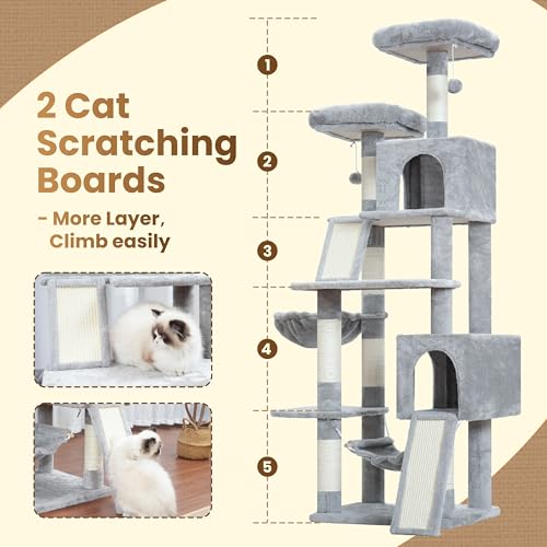 Cat Tree for Indoor Cats, 71'' (180cm) Multi-Level Cat Tower for Large Adult, Sturdy Cat Tree House with 2 Scratching Boards 7 Posts