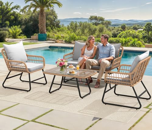 YITAHOME 4-Piece Patio Furniture Wicker Outdoor Bistro Set, All-Weather Rattan Conversation Loveseat Chairs for Backyard