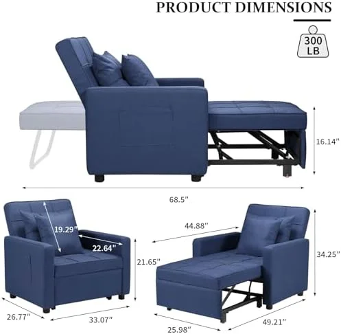 RUNFAYBIU Convertible Chair Bed  3-in-1 Folding Sofa Bed Chair with Adjustable Backrest  Multi-Functional Pull Out Sleeper Chair Bed Single Armchair