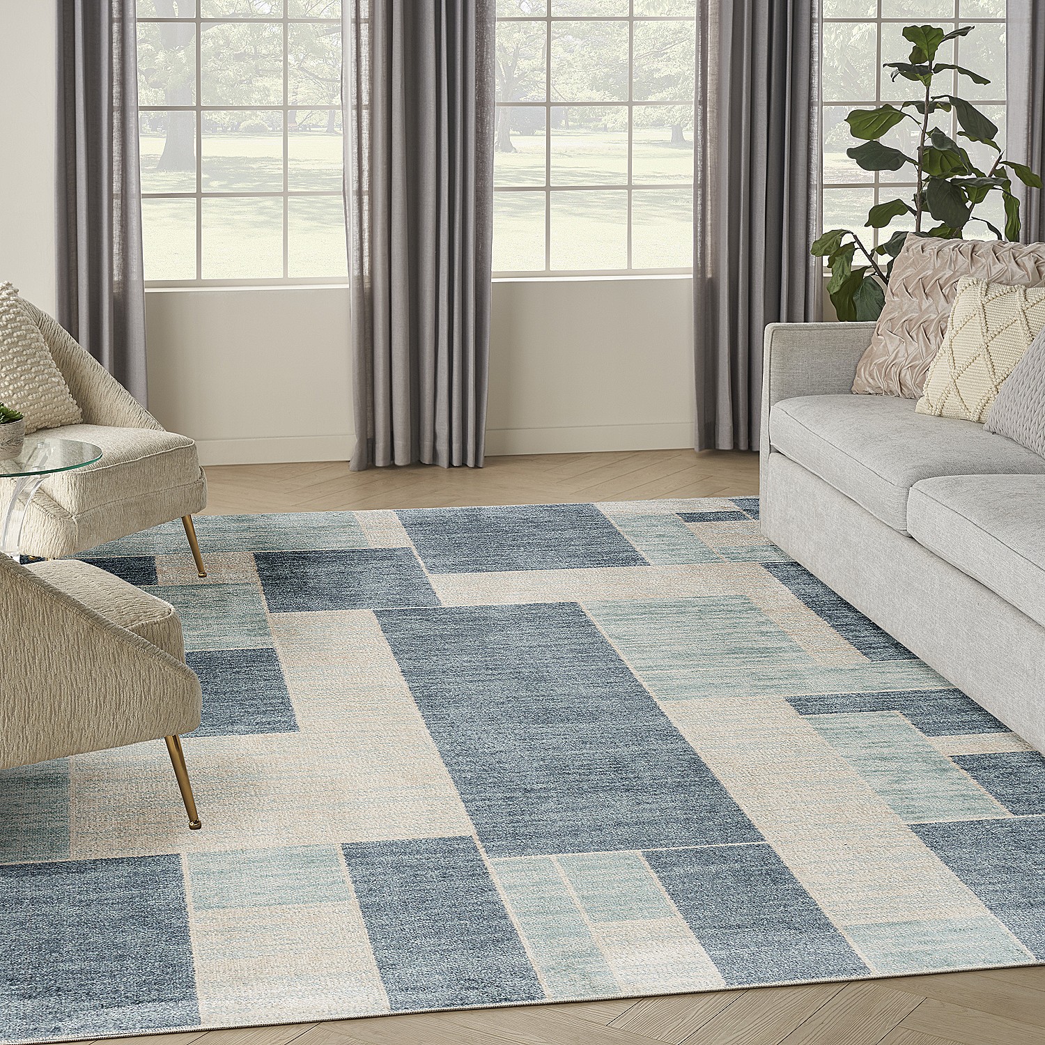 Nourison Astra Machine Washable Mid-Century Modern Blue Ivory 7'10" x 10' Area Rug (8x10)
