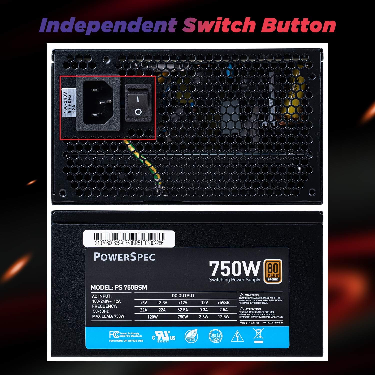PowerSpec 650W Power Supply 80 Plus Bronze Certified Fixed Cable Non-Modular ATX PSU Active PFC SLI Crossfire Ready Gaming PC Computer Switching