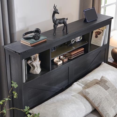 Queen Size Wood Bed Frame Farmhouse with 52" Tall Storage Bookcase Headboard, LED Light,Charging Station,4 Drawers and Solid Wood Slats Support