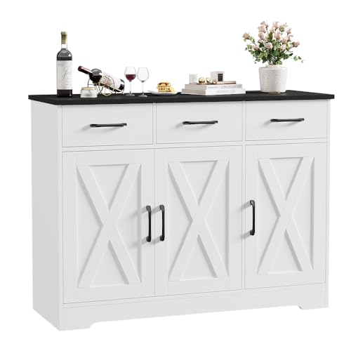 HOSTACK Modern Farmhouse Sideboard Buffet Cabinet, Barn Doors Buffet Storage Cabinet with Drawers and Shelves