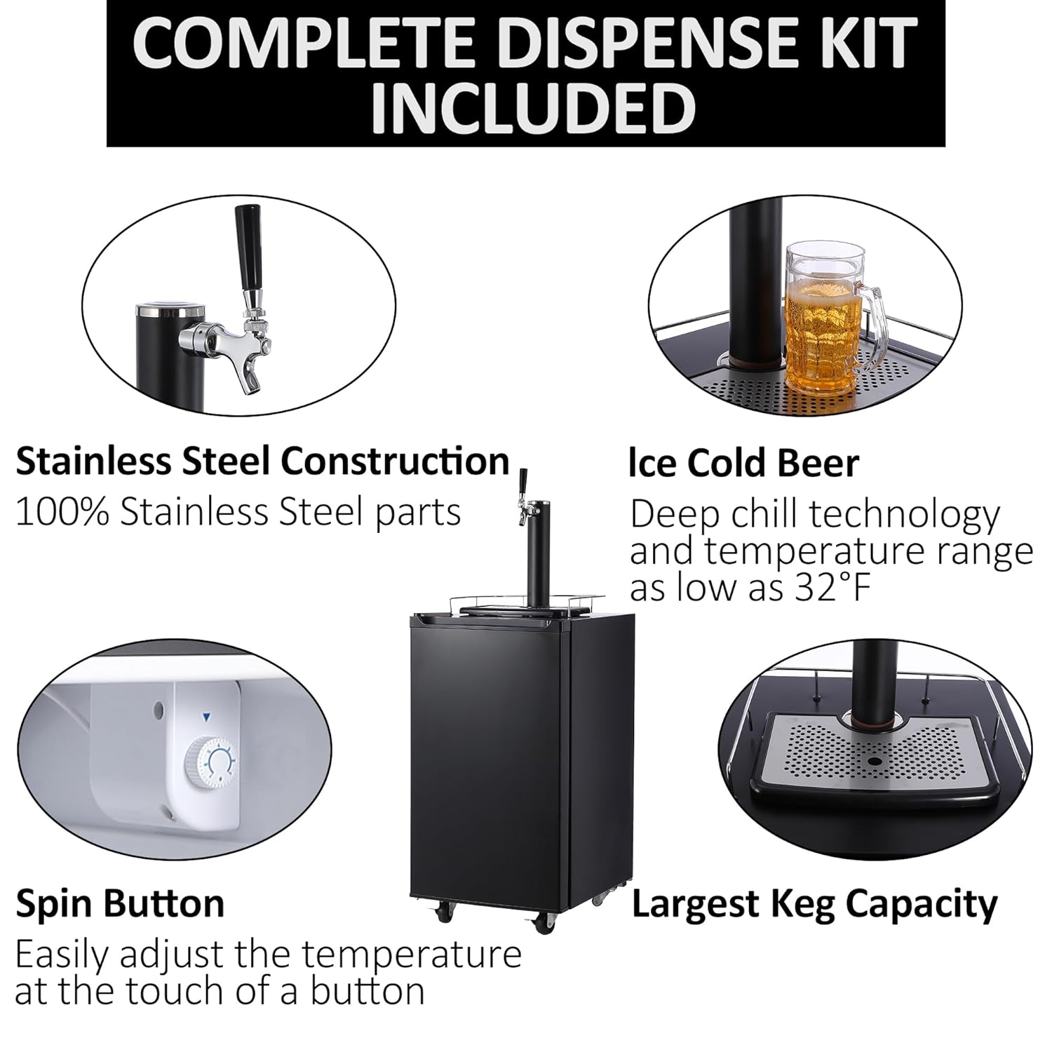 Kegerator and Keg Beer Cooler, Single Faucet Draft Beer Dispenser, Full Size Keg Refrigerator With Shelves, Stainless Steel, Drip Tray & Rail