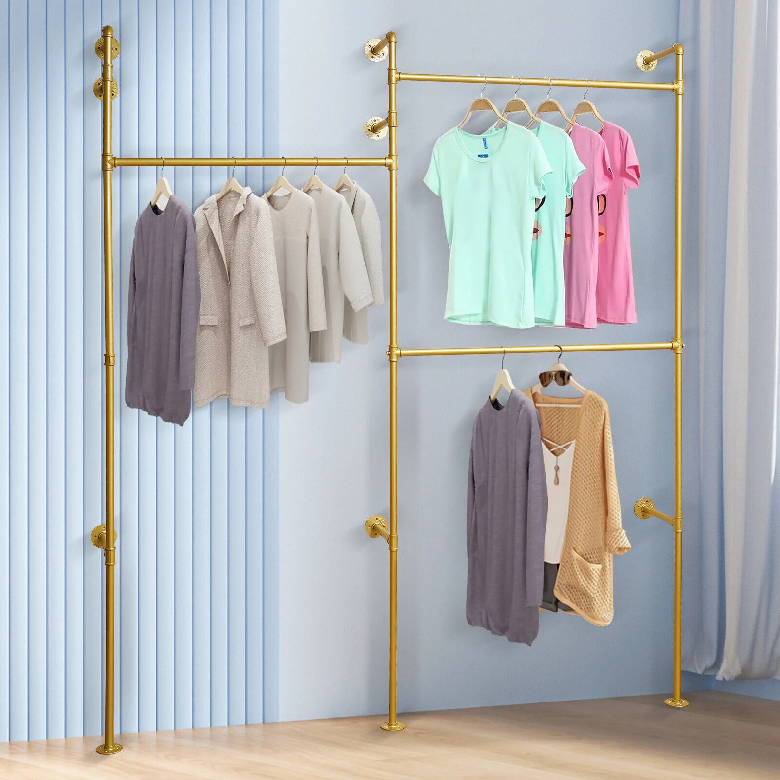 Miumaeov Wall Mounted Industrial Pipe Clothing Rack with 3 Rod Commerial Garment Stand Pipeline Vintage Rack Heavy Duty Rustic Metal Clothes Frame