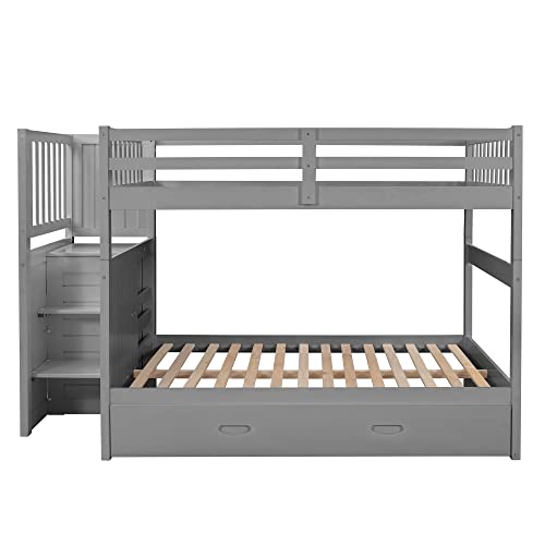 Ball & Cast Full Over Full Bunk Bed with Twin Size Trundle and Built in 4 Drawer,Wood Bunkbed w/Storage Ladder & Slat Support