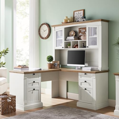 OKD 60" Executive Desk with Drawers, Farmhouse Home Office Desk with Charging Station, Keyboard Tray, File Cabinet Storage