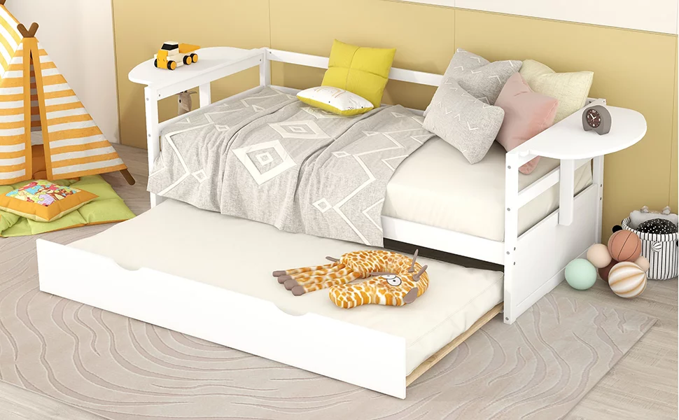 Euroco Pine Wood Twin Size Daybed with Trundle and Foldable Tables, White