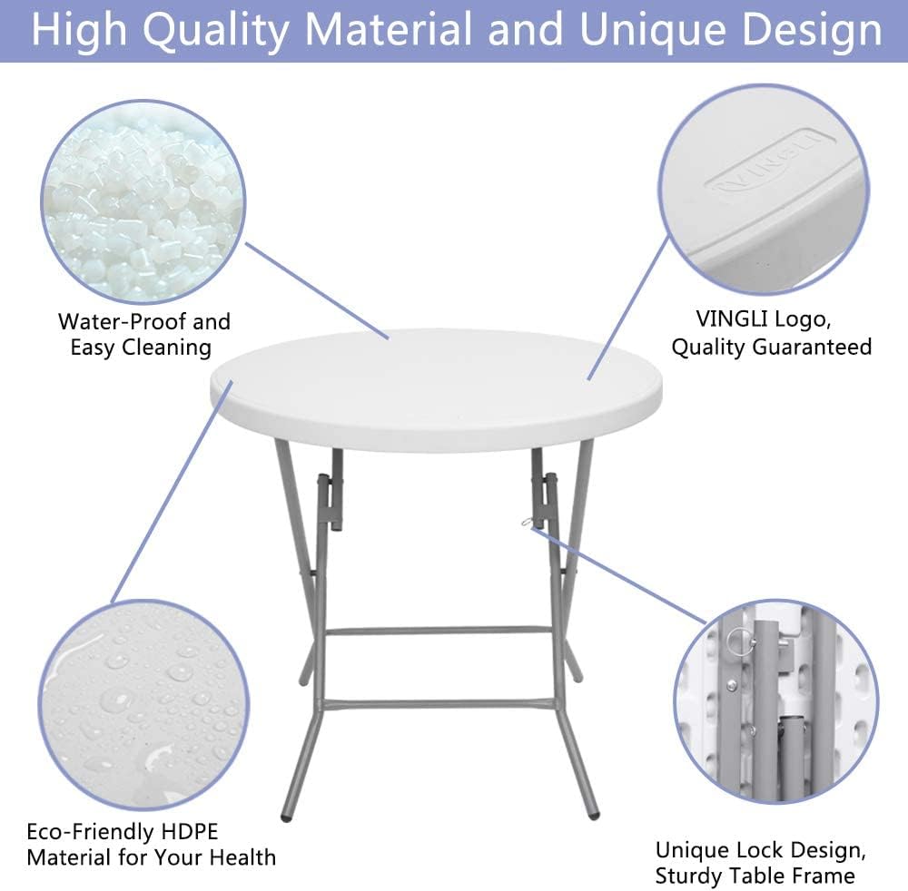 VINGLI 48 Round Bi-Folding Commercial Table, 4 Feet Portable Plastic Dining Card Table for Kitchen or Outdoor Party Wedding Event, White Granite