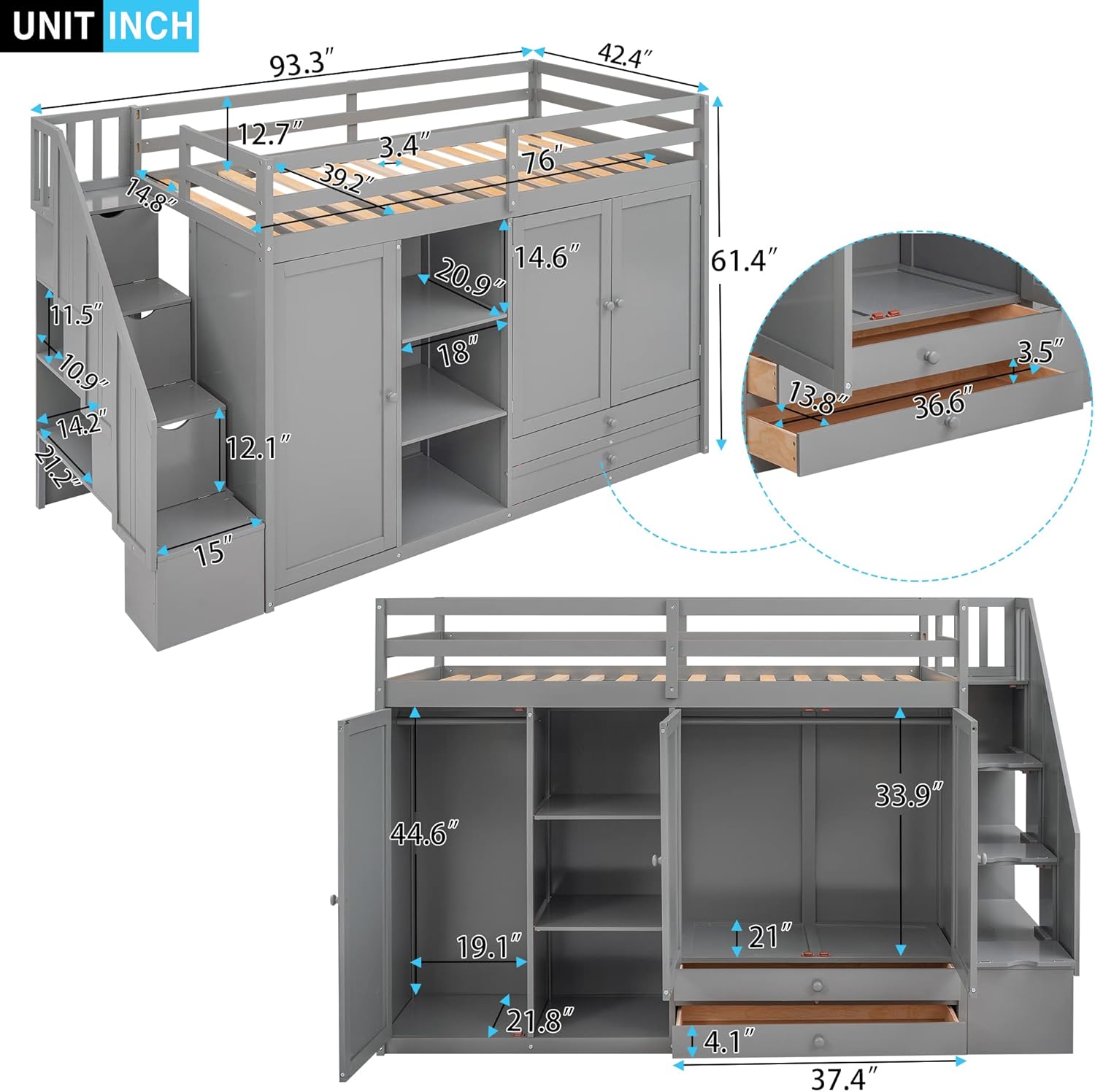 Twin Size Functional Loft Bed with 3 Shelves, 2 Wardrobes and 2 Drawers, Ladder w/Storage Stairway, Wooden Loft Bedframe