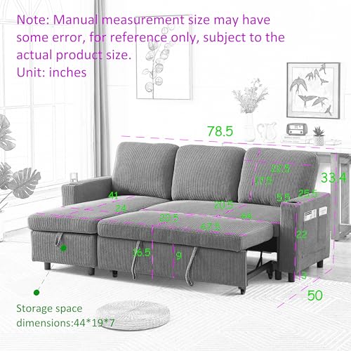 L-Shaped Pull Out Sleep Sofabed,Modern Reversible Sleeper Sectional Sofa Chenille Upholstered Button Tufted Decor with Storage Chaise