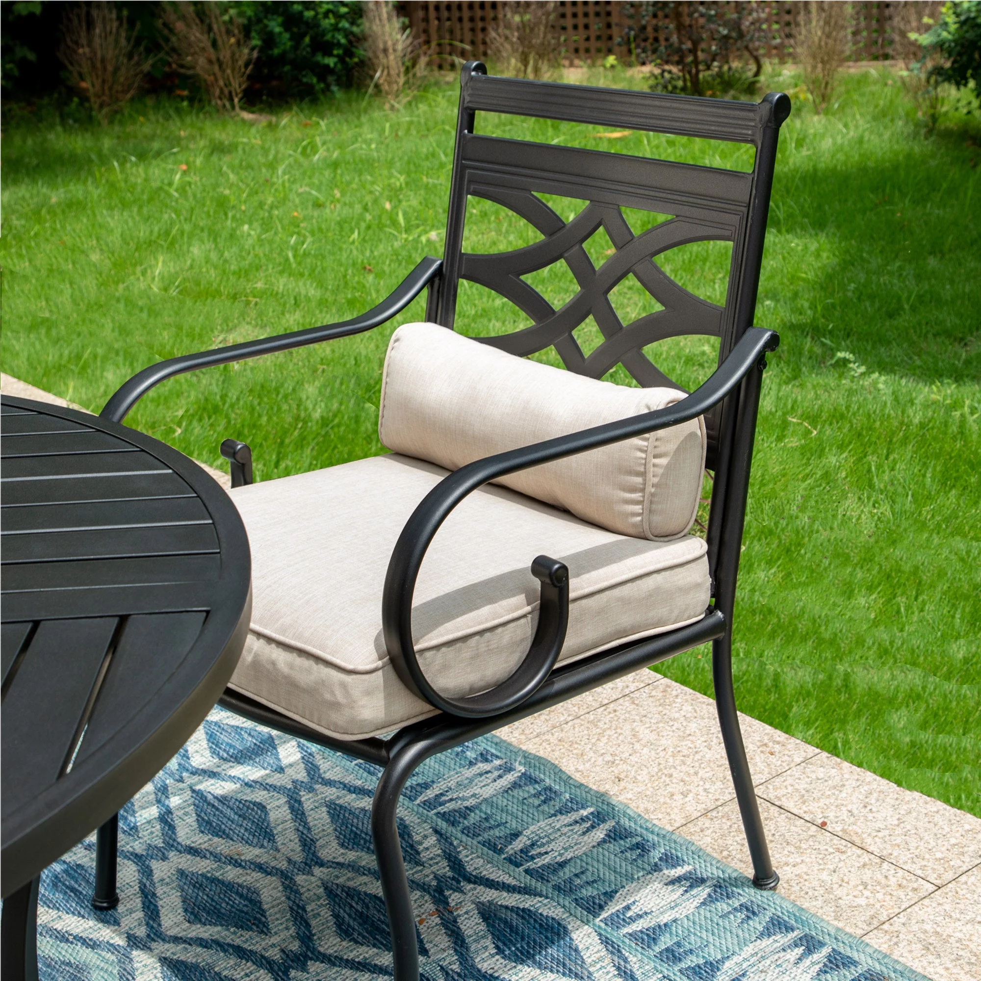Summit Living 5-Piece Outdoor Dining Set, All-Weather Metal Furniture with Cushioned Chairs & Round Table, Black & Beige
