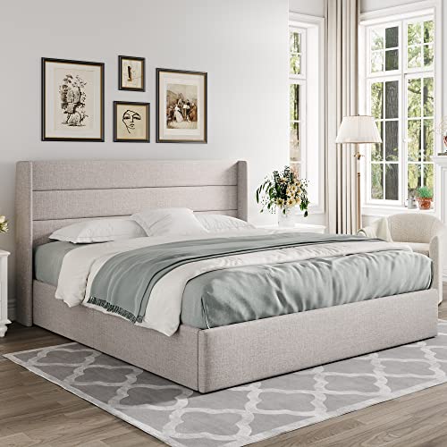 Allewie Full Size Lift Up Storage Bed, Modern Wingback Headboard, Hydraulic Support, No Box Spring Needed, Light Beige