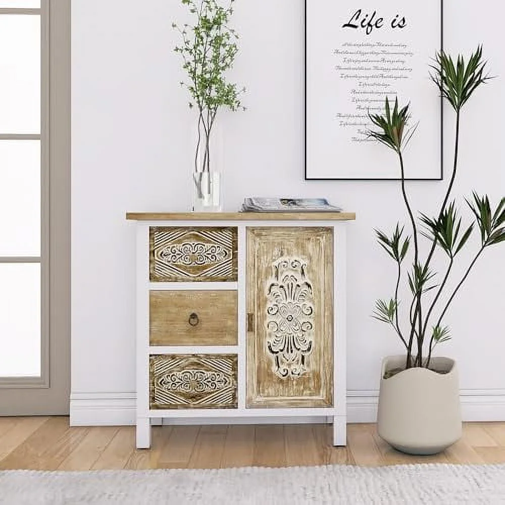 TJUNBOLIFE Accent  Cabinet  -Carved Wood Sideboard with 5 Drawers  Premium MDF Construction  Retro Accent  Cabinet for Entryway  Living Room