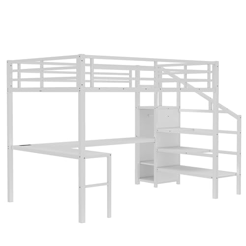 Bellemave Full Size Metal Loft Bed with L Shaped Desk and Wardrobe, Heavy Duty Loft Bed Frame with Storage Stairs