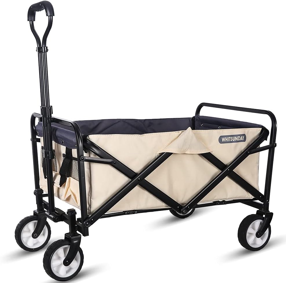 WHITSUNDAY Collapsible Folding Garden Outdoor Park Utility Wagon Picnic Camping Cart 5“ Solid Rubber Wheels (Compact Size, Grey)