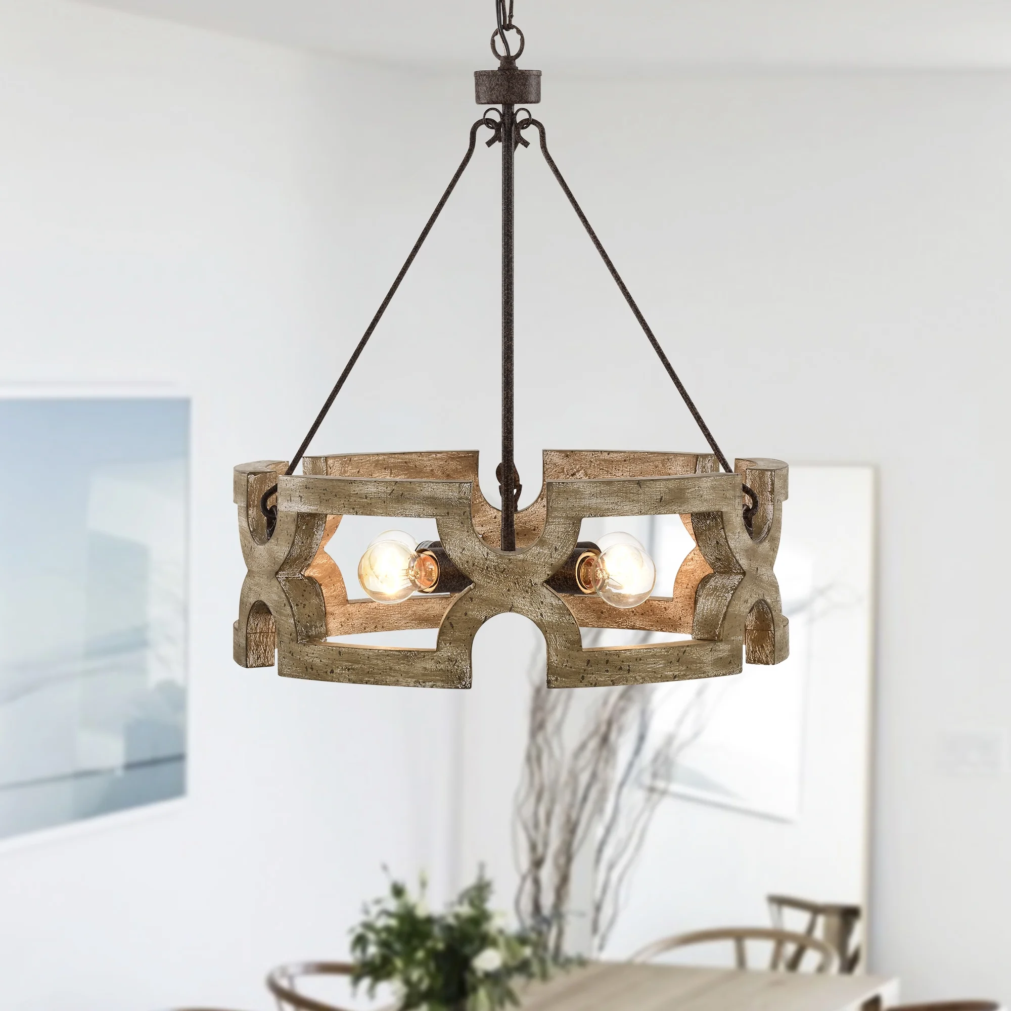 Warehouse of Tiffany Aarti Rustic Farmhouse 4 Light Wood Grain Paint Chandelier Pendant 19 Inch.