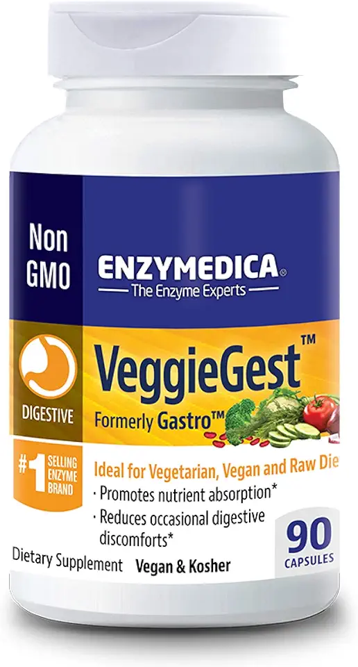 Enzymedica VeggieGest, Digestive Enzymes for Vegan, Vegetarian and Raw Diets, Prevents Gas and Bloating, 90 Capsules (FFP) - Kansas Nuitrition