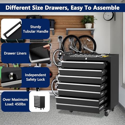 Rolling Tool Chest, 4 Drawers Tool Storage Cabinet, Toolbox with Wheels, Portable Tool Cabinet Organizer with Locking System & Drawer Liners