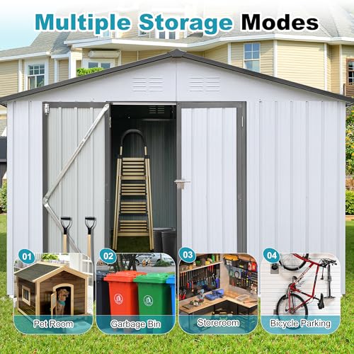 8x6 FT Outdoor Storage Shed, Metal Tool Shed with Lockable Doors, Peaked Roof & Frame Floor