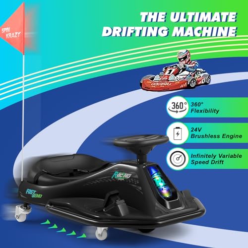 360 Degrees Rotating Ride On Drift Car and 2 Replacement Universal Wheels, 24V Electric Drifting Go Kart for Kids W/Brushless Motor, High/Low Speed