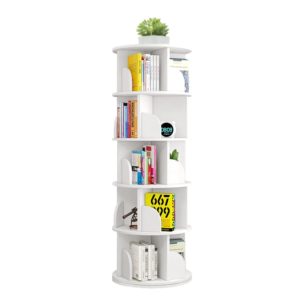 bimiti 5 Tier Rotating Bookshelf, 360° Revolving Bookcase 20 Shelves Floor-Standing Storage Display Rack - White 63"x18"x18"