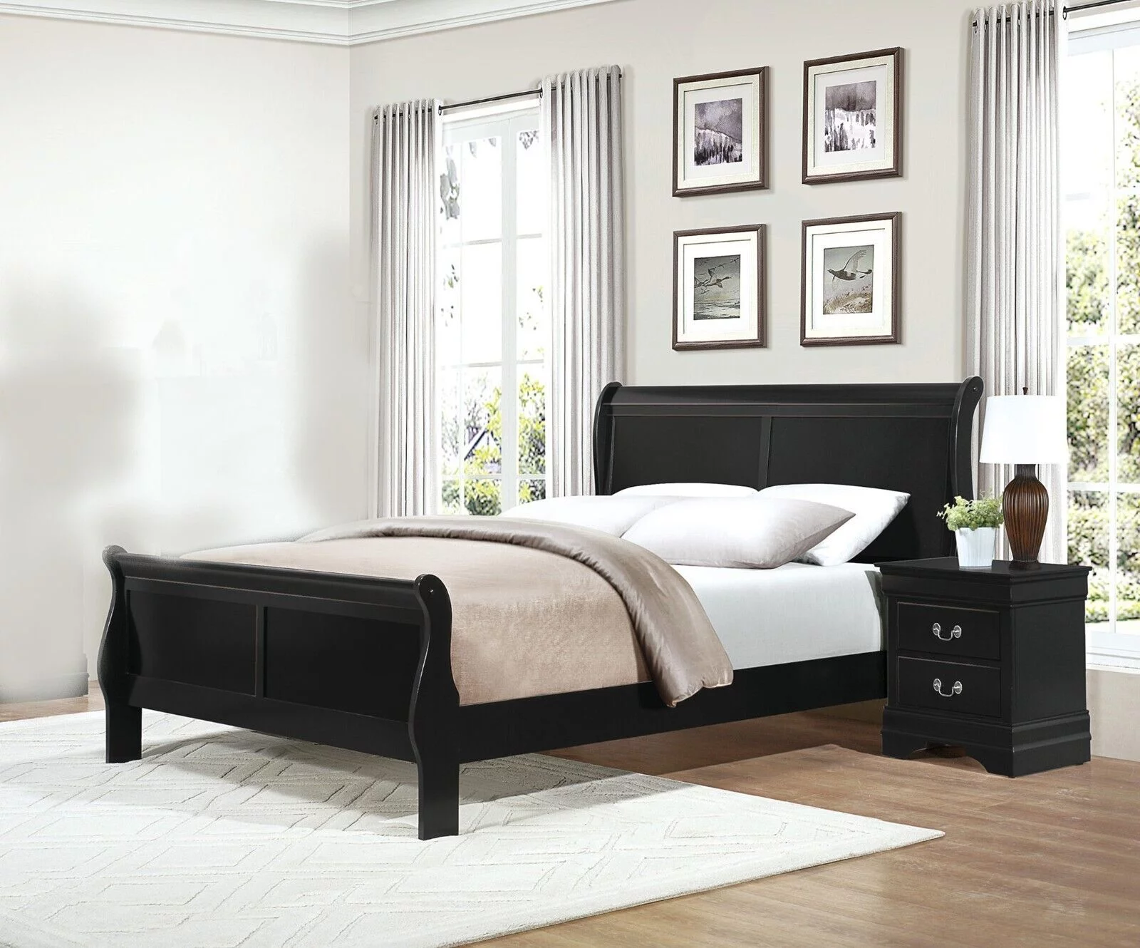 Traditional Black Finish 3pc Bedroom Set Queen Bed and Nightstands Louis Phillipe Style Bedroom Furniture