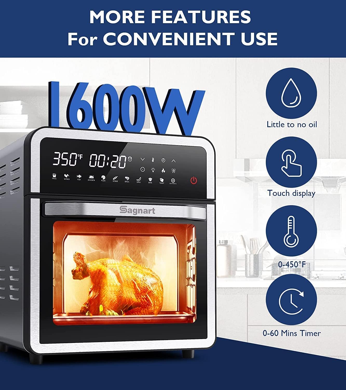 14-in-1 Air Fryer Oven, Sagnart 16 Quart Stainless Steel Air Fryers Toaster Oven with 11 Presets, 1600W LCD Touch Screen Air Fryer