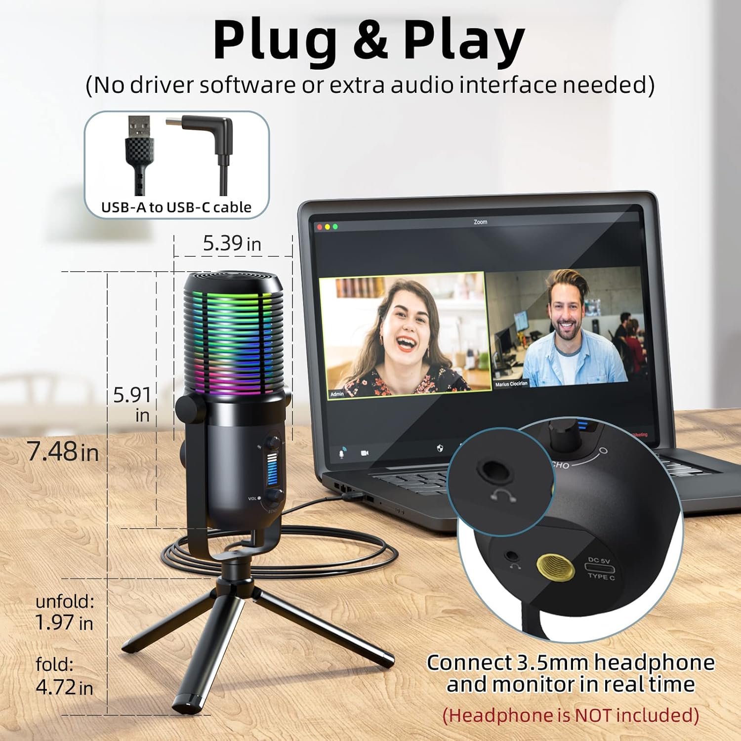 USB Microphone for PC, RGB Gaming Desktop Microphone Condenser Mic with Tripod Stand for Streaming, Studio Recording, Podcast