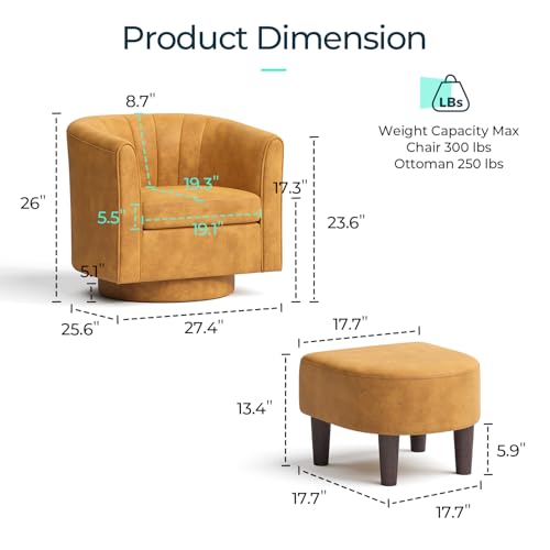 LINSY Swivel Accent Chair Ottoman Set: Velvet Small Barrel Chair with Foot Rest