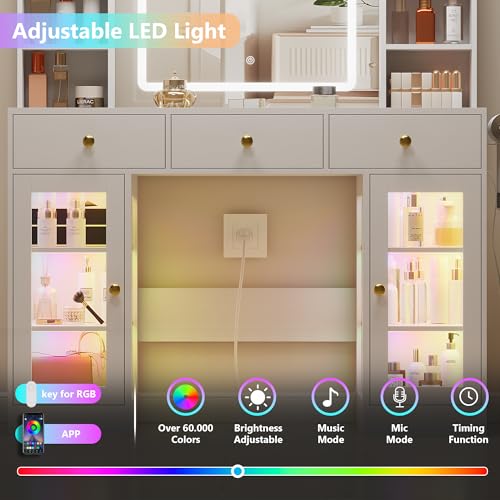White Vanity Desk with Mirror and Lights, Glass Top Vanity with Lighted Mirror & RGB Glass Cabinet and 3 Drawers