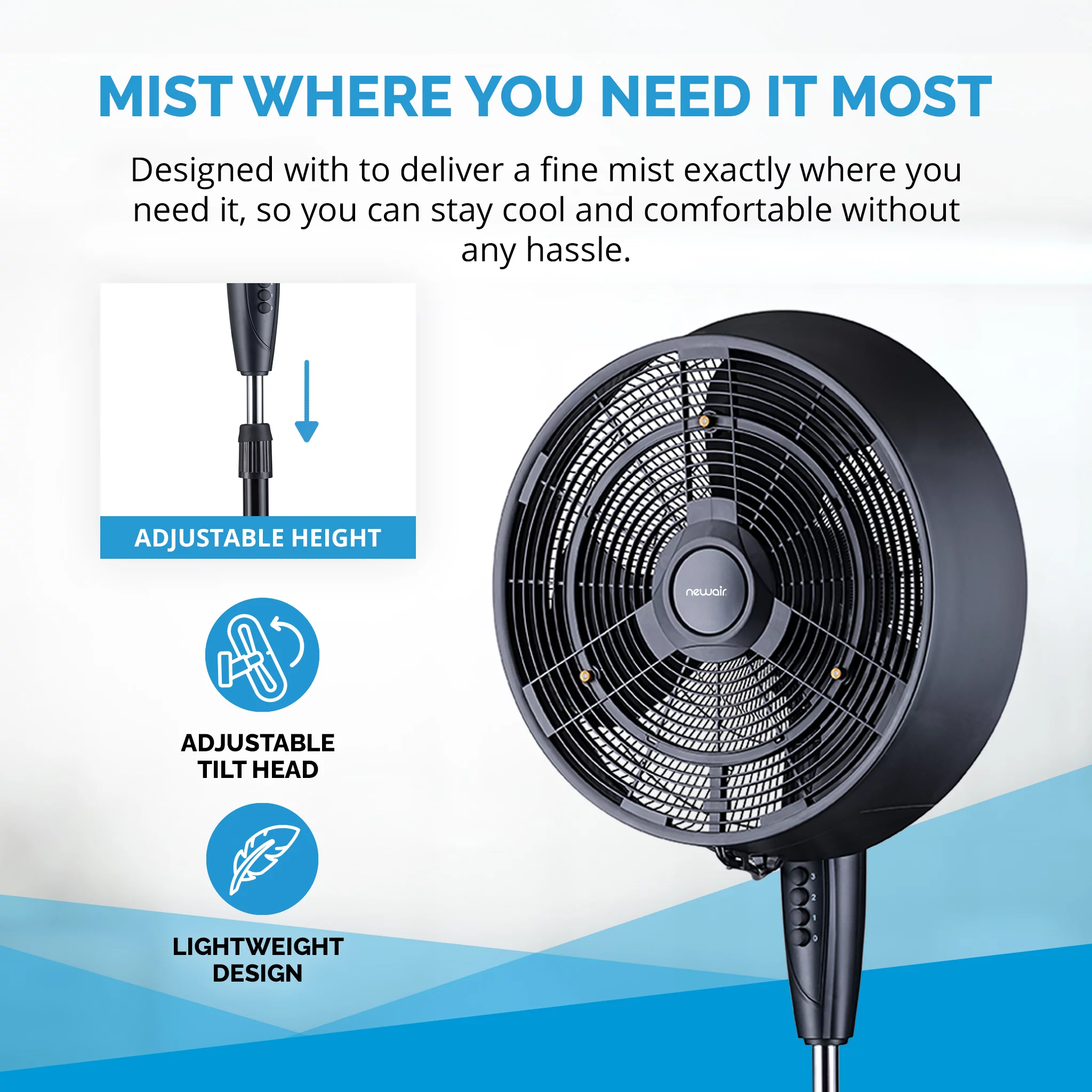Newair Outdoor Misting Fan & Pedestal Fan, Cools 500 sq. ft. | 3 Fan Speeds