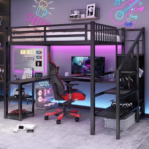 Full Size Loft Bed with Desk and Stairs,Metal Gaming Loft Bed Full with Wardrobe and Shelf, High Loft Bed with LED & USB Charging Station for Teens