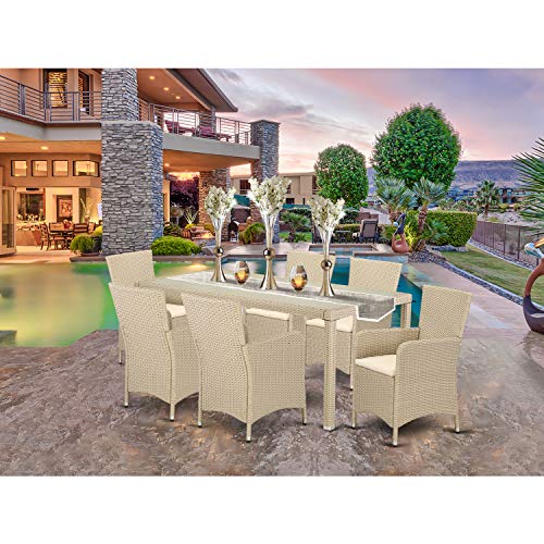 East West Furniture LULU7-53V Luneburg 7 Piece Wicker Patio Furniture Set Consist of a Rectangle Outdoor Table with Glass Top and 6 Balcony Backyard