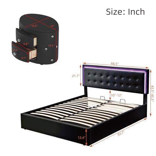 3Pcs Bedroom Set, Queen Size Upholstered Bed with LED Headboard, Hydraulic Storage Under Bed, 2 PU Nightstand with Drawers and Crystal Decoration