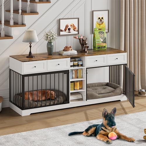 GarveeHome 82” Double Dog Crate Furniture, Large Dog Kennel Indoor for 2 Dogs, Heavy Duty Wooden Dog Crate TV Stand with 4 Drawers and Shelves, White