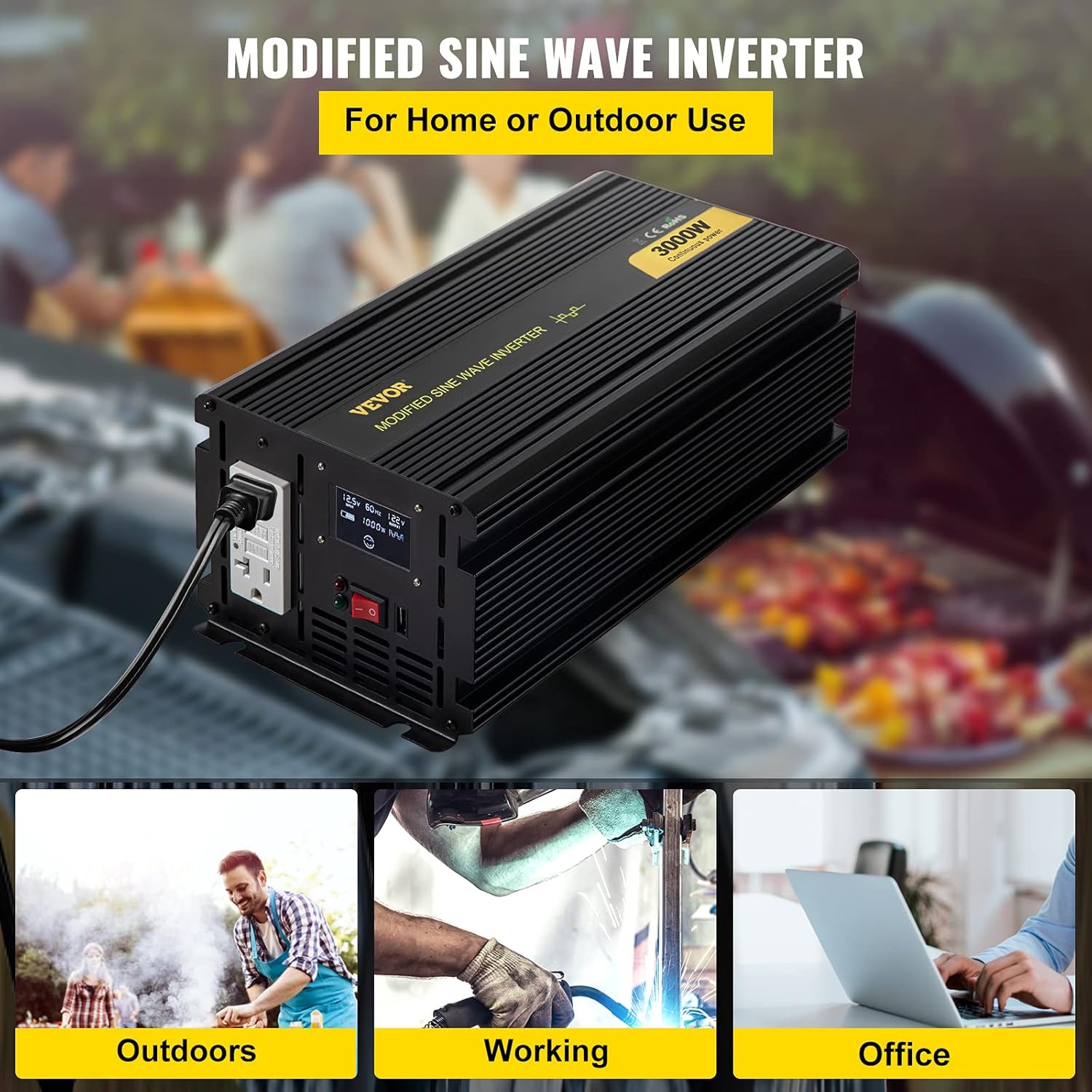 VEVOR Power Inverter, 3000W Modified Sine Wave Inverter, DC 12V to AC 120V Car Converter, with LCD Display, Remote Controller, LED Indicator