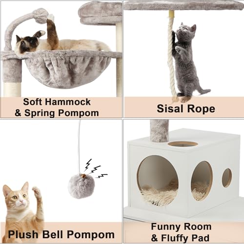 Cat Tree with Litter Box Enclosure, 2-in-1 Cat Tower for Indoor Cats, Large Wood Cat Condo with Basket, Scratching Posts, Pompoms, Rustic Brown