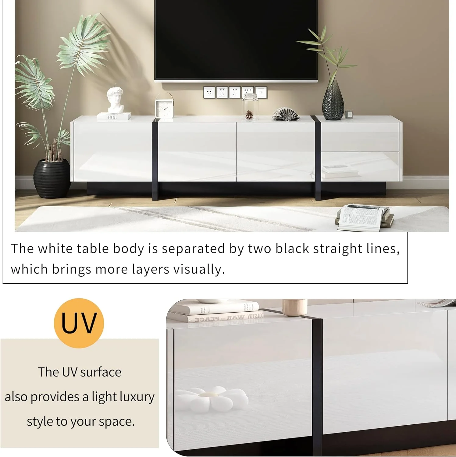 White Black Contemporary Rectangle Design TV Stand, Unique TV Console Table For Tvs Up To