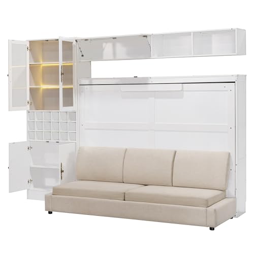 MERITLINE Queen Murphy Bed with Couch and Storage Shelves,Charging Station& LED Light