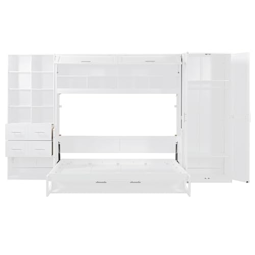SOFTSEA Queen Size Murphy Bed with Desk, Horizontal Murphy Bed with Storage Wardrobe Drawers and Shelves, Hidden Wall Bedframe for Guest Room