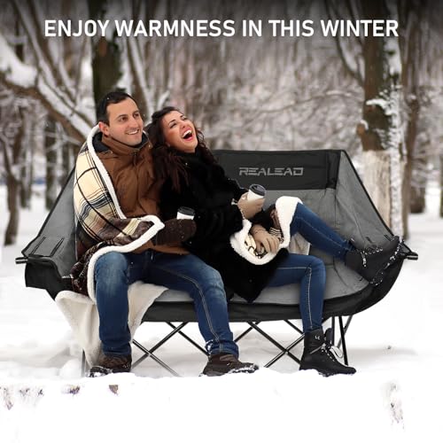 REALEAD Heated Double Camping Chair, 3 Heat Levels and 4 Heating Zones, Portable Heated Loveseat Chair for Outdoor Sports Support 650lbs